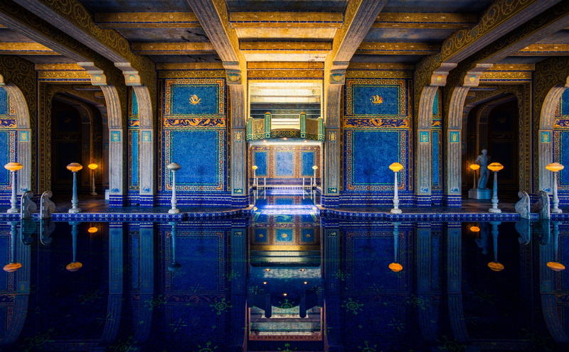 symmetry, building, illuminated, arch, wall, metal, reflection, brown, entrance, built structure, lighting equipment, Pool, blue, Architecture, no people