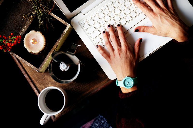 real people, wristwatch, keyboard, caffeine, mockup, refreshment, technology, person, finger, white, top view, view, top, hands, laptop, 5K, using, mug