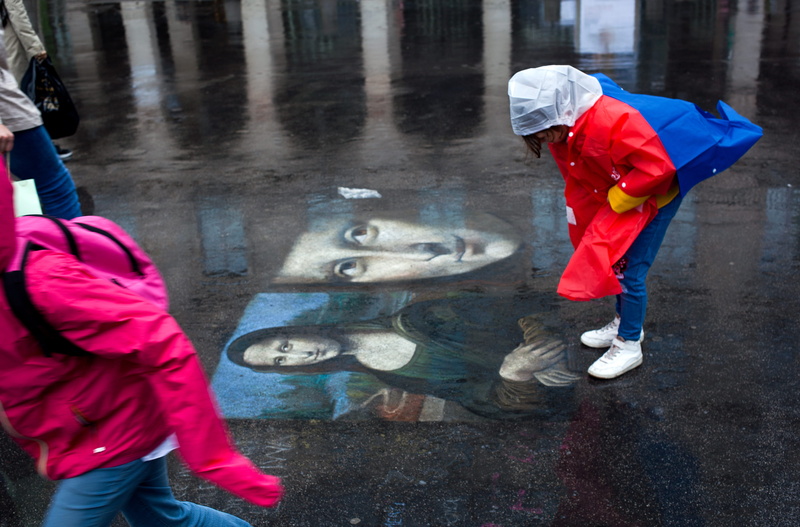 outdoors, two people, city, children, rain, wet, standing, street, colours, france, people, art, raincoat, child, lifestyles, hood - clothing, paris, full length