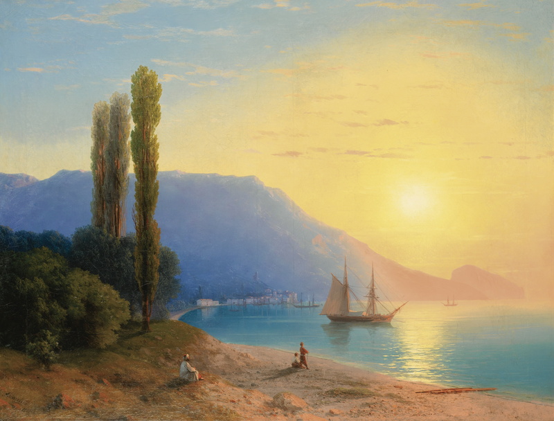 tranquility, oil on canvas, land, near, artistry, mountains, nature, sky, boat, transportation, water, mountain, nautical vessel, ivan alvazovsky, 4K