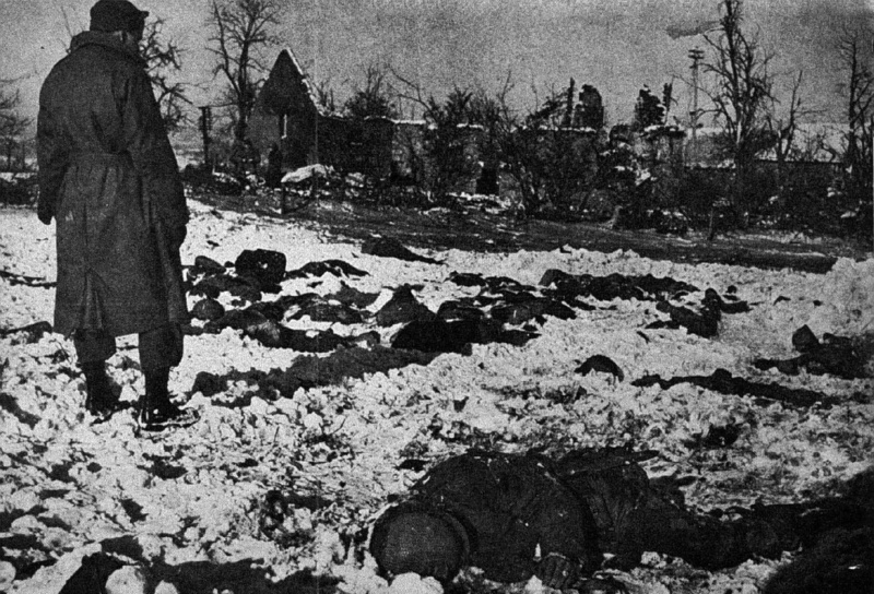 one person, massacre, clothing, tree, world war 2, bulge, ii, standing, print, World War II, antique, warm clothing, time, photos, war, world, only women
