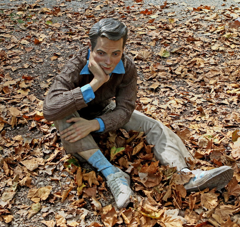 museum, leisure activity, dry, leaf, ground, art, man, plant part, front view, real people, nature, day, lifestyles, outdoors, change, land, high angle view