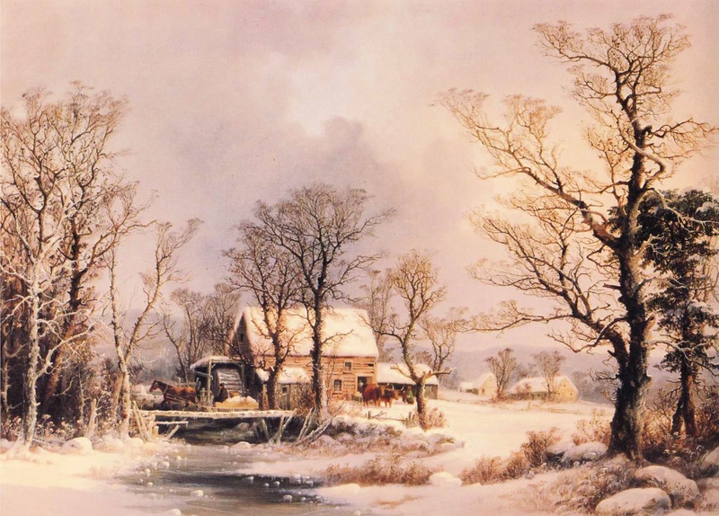 water, no people, plant, farm, day, tranquility, landscape, bare tree, tree, nature, painting, artistic, bridge, snow, art, country, cattle, countryside