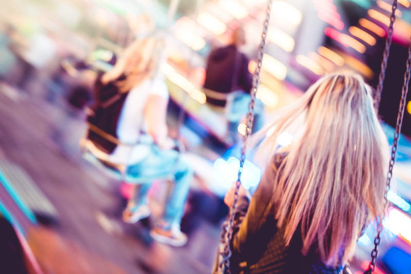 people, feast, bokeh, hair, funny, adult, blurred motion, real people, fun, young, girl, swing, carousel, human body part, ride, 4K, adolescence, party