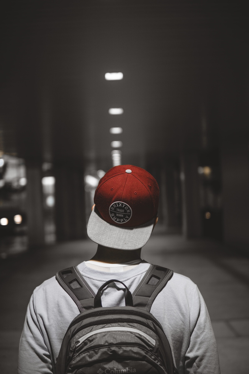 lifestyles, people, one Person, hallway, bag, adult, tourist, education, night, contrast, student, school, red, hat, man, wearing, greyscale, indoors, 5K