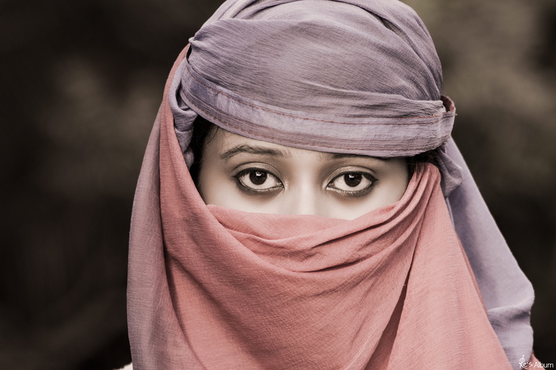 headscarf, sepium, clothing, eye, pink, pastel, one person, looking at camera, 5K, eyes, woman, purple, covering, hijab, body part, traditional clothing