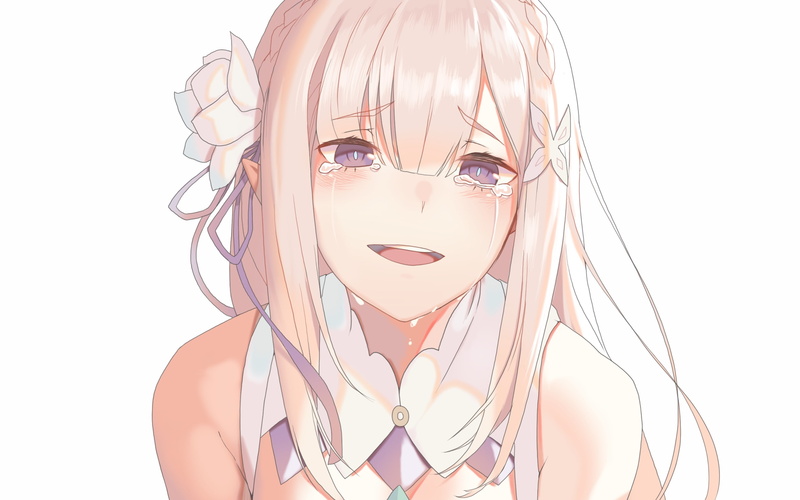 one person, crying, lifestyles, front view, hair, Anime, white background, happy tears, 2K, cut out, re: zero starting new life in another world, beautiful woman