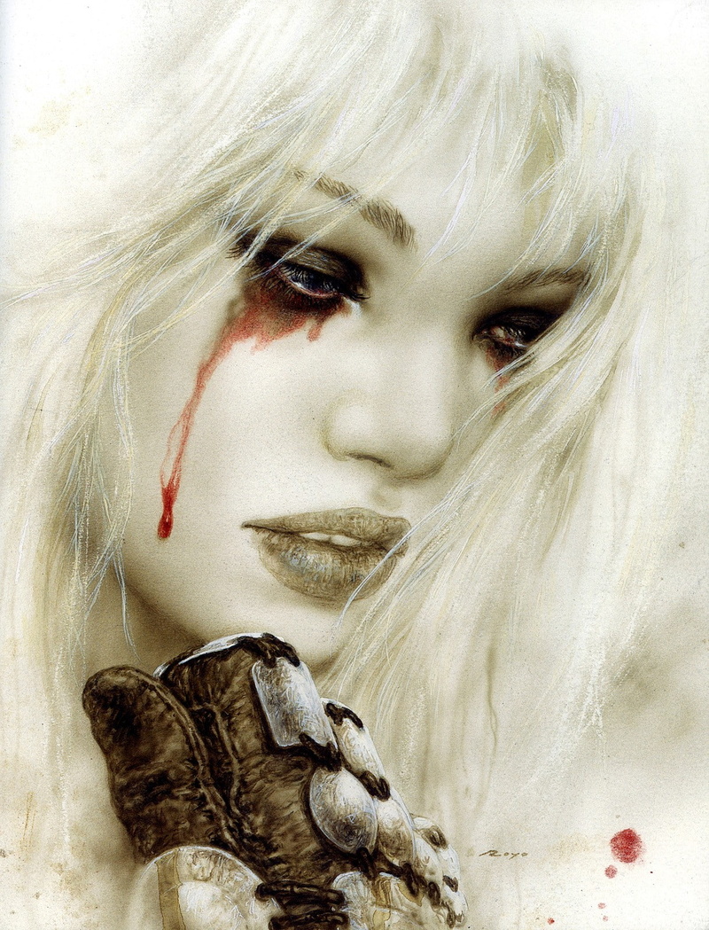 hairstyle, fantasy, make-up, crying, gothic style, portrait, Luis Royo, hair, Malefic time, bizarre, beautiful woman, ghost, blond hair, fashion, sadness
