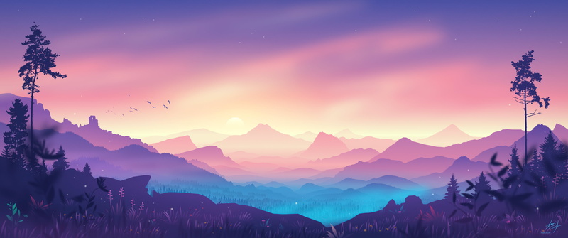 illustration, ultra-wide, digital art, plants, Louis Coyle, landscape, trees, gradient, sunrise, clouds, 2K, mountains, birds, fantasy art