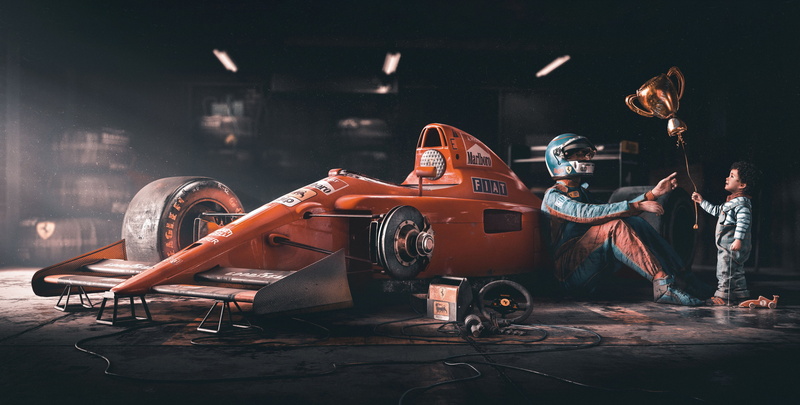 Car, People, Formula 1, Golden Trophy, Amaru Zeas, by Amaru Zeas, Ball, 4K, Garage, The car, Man, Rendering, Sport, Cup, Ferrari, Racer, Red, Child