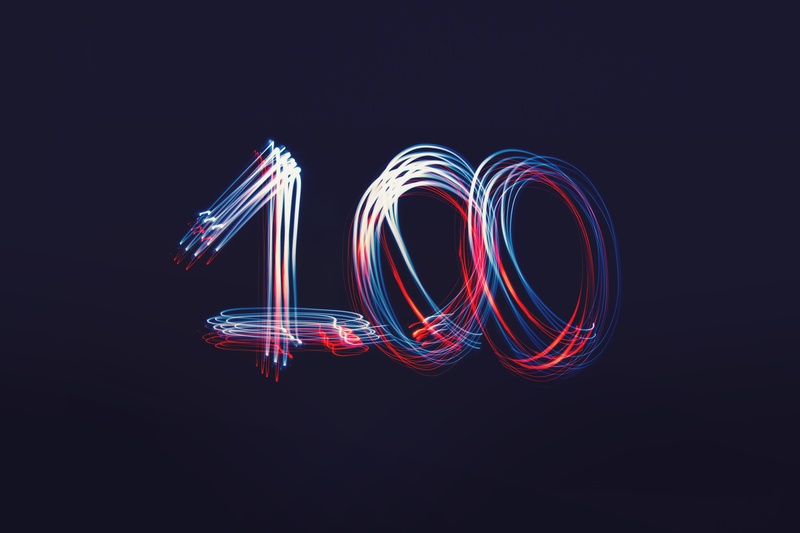 neon Light, abstract, blue, overlay, multi colored, 100, creativity, light - natural phenomenon, number, motion, illuminated, black background, glowing