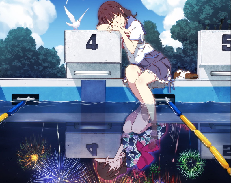 mode of transportation, Anime, plant, tree, sunlight, cloud - sky, blue, 1080P, Shita kara Miru ka? Yoko kara Miru ka?, outdoors, day, Uchiage Hanabi