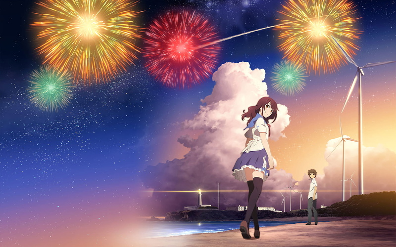 event, celebration, sea, night, sky, star - space, illuminated, astronomy, full length, people, nature, Anime, men, two people, firework display, Uchiage Hanabi