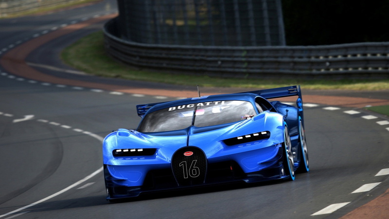 day, road, racecar, car, motor vehicle, land vehicle, blue, motor racing track, no people, symbol, 1080P, transportation, motion, luxury, Bugatti Vision Gran Turismo
