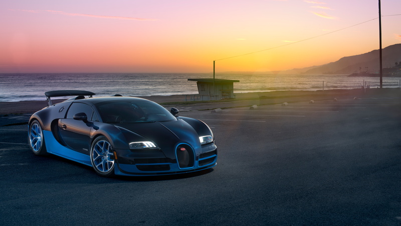 water, Sports Car, orange, sunset, body, black, stock, near, bugatti, Bugatti Veyron Grand Sport Vitesse, HD, blue, veyron, 5K, 5K, photography
