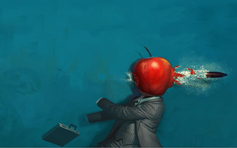 head, apple, bullet, apple head, briefcase, 720P, art, bullet through head