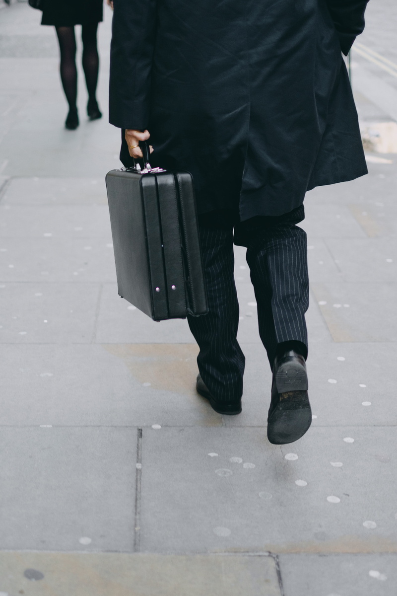 people, person, pants, human body part, human limb, pavement, suit, briefcase, 4K, men, man, real people, day, coat, business suit, black, pinstriped
