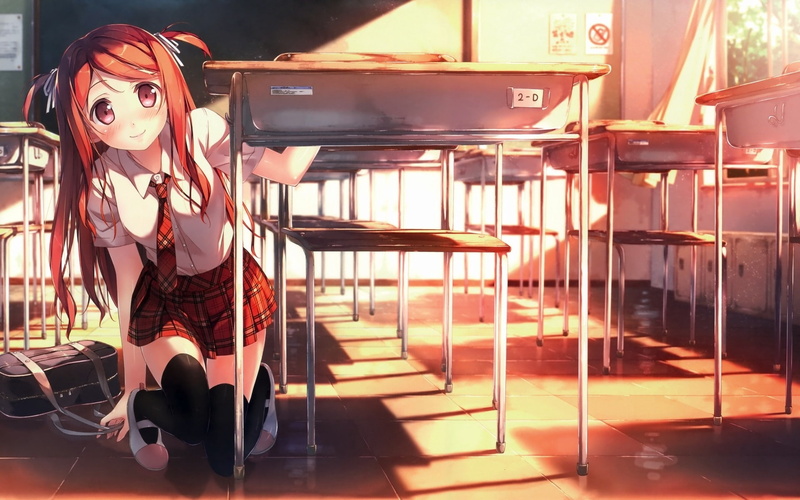 smile, girl, briefcase, 1080P, classroom, school, desk