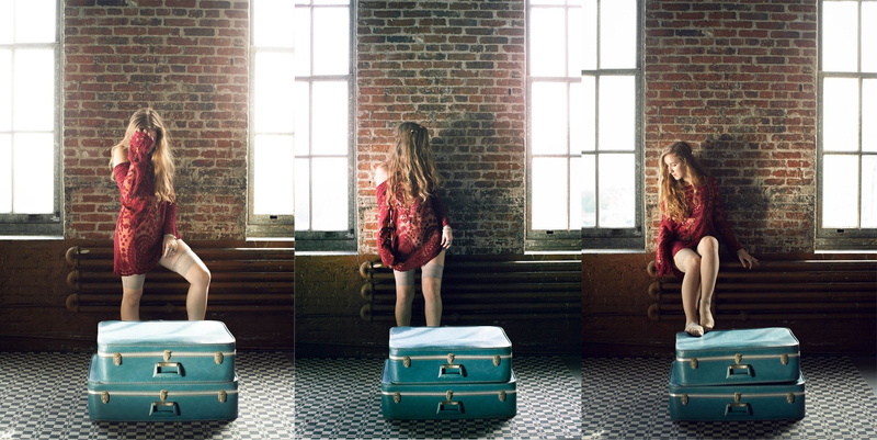 hairstyle, hair, blonde, people, casual clothing, young adult, suitcase, stockings, bricks, curly hair, outdoors, collage, adult, long hair, group of people