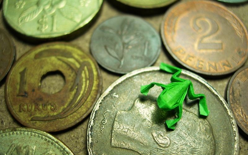 currency, money, group of objects, close-up, coin, plant part, 1080P, communication, leaf, still life, finance, origami, craft, frog, focus on foreground