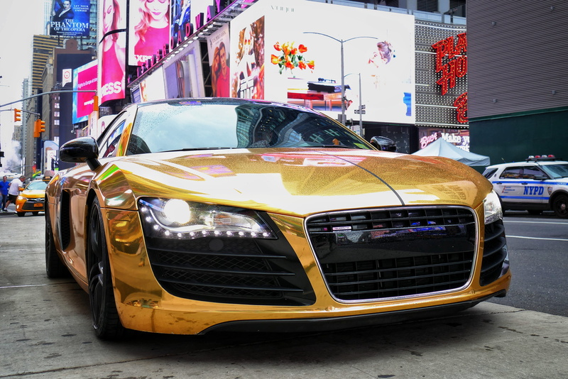 yellow, Gold, car, mode of transportation, sports car, r, outdoors, day, city street, coupe, building, transportation, audi, parked, rapper, stationary