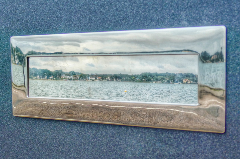 reflect, wall - building feature, reflection, close-up, glass - material, metal, still life, indoors, transportation, poole harbour, shape, sea, millionaires row