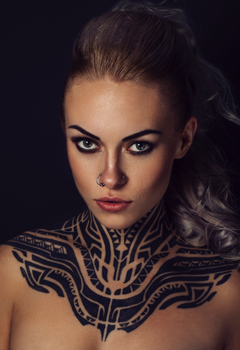women, tattoo, simple background, model, 1080P, Teya Salat, face, makeup