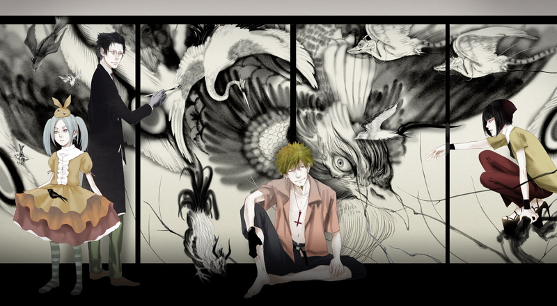 indoors, transfer print, Oshino Meme, women, Kagenui Yozuru, costume, creativity, 1080P, headdress, unrecognizable person, disguise, front view, obscured face