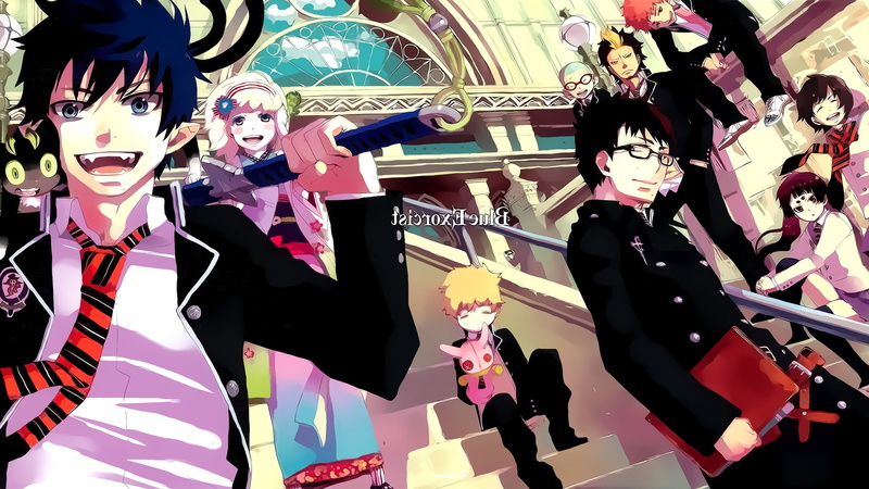 low angle view, celebration, human representation, art and craft, female likeness, lifestyles, young women, anime blue exorcist demon okumura rin okumura yukio suguro ryuji kamiki izumo miwa konekomaru moriyama shiemi paku noriko shima renzou