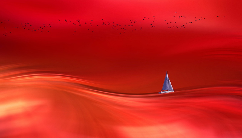 yacht, sailing, out of focus, water, bright, sky, nautical vessel, sailboat, sailing ship, boot, blur, lake, no people, digital art, artistically, painting