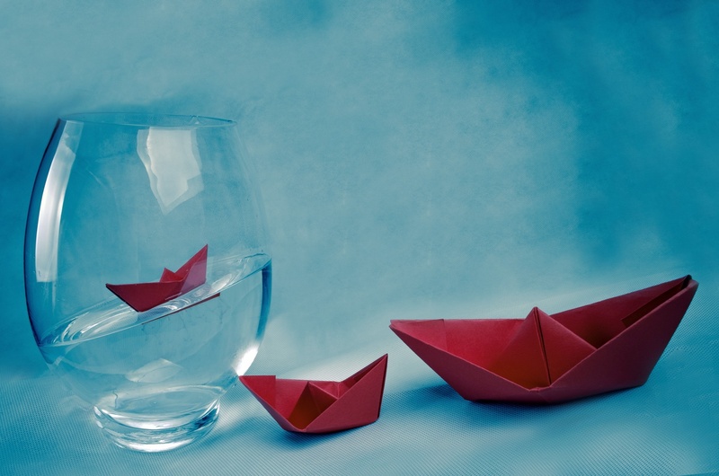 emotion, clear, two, paper boat, floating on water, water, colored background, glass - material, blue, travel, floating, fish, away, idea, blue background