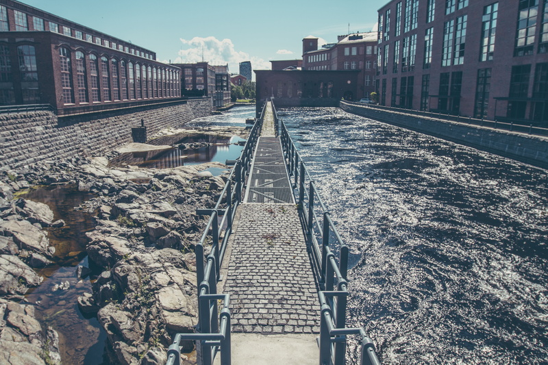 day, sewage, middle, metal, walkways, bridge, surface level, diminishing perspective, rail transportation, city, sky, built structure, architecture, industrial