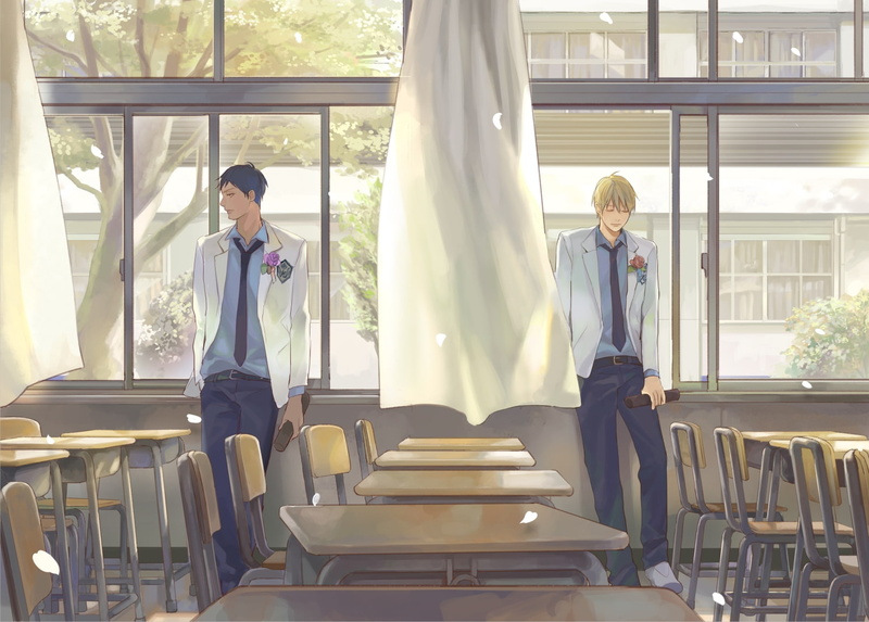 uniform, day, real people, seat, three quarter length, petals, young adult, classroom, standing, 720P, men, indoors, window, occupation, furniture, Anime
