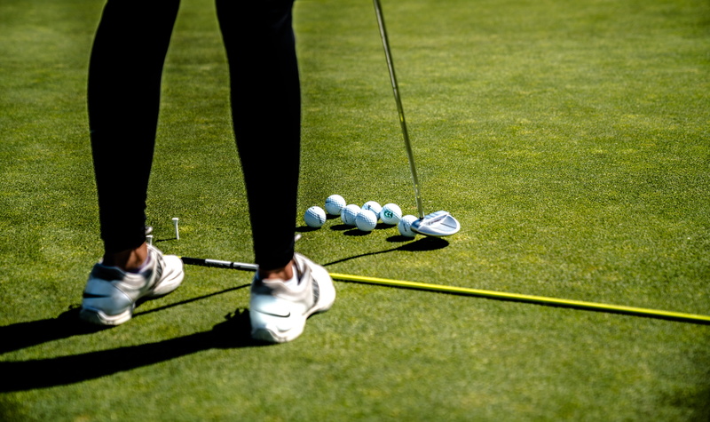 person, exercise, skill, human limb, nature, limb, golf club, recreation, fun, leisure, woman, standing, ball, low section, human body part, grass, green color