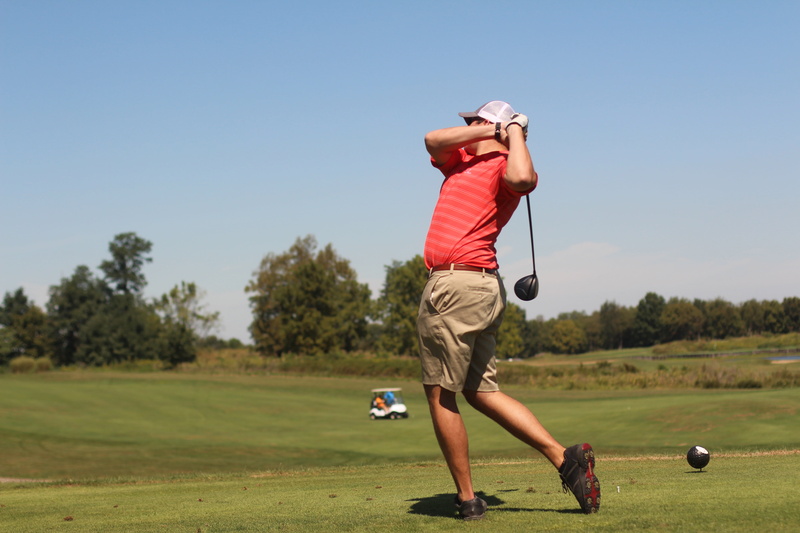 driving, swinging, khaki shorts, playing, golfer, par, leisure, sunny, game, active, young, sport, cap, golf course, fairway, golf, recreation, 5K, green color