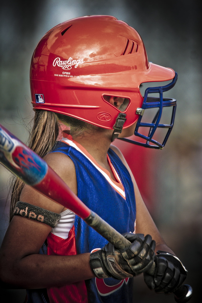 focus, female, clothing, youth, security, young, anticipating, portrait, girls, holding, cap, glove, waist up, helmet, bat, player, indoors, play, one person