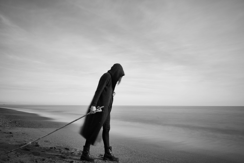 water, leisure activity, fisherman, unhappy, idea, horizon, landscape, pessimistic, day, outdoors, black, black and white, posing, eerie, loneliness, recreation