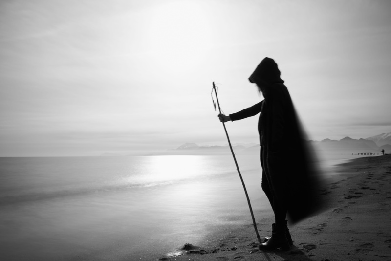 fashion, black, horizon, sky, melancholy, water, woman, pessimistic, day, young, one person, silhouette, 5K, only, black and white, fishing, beauty in nature