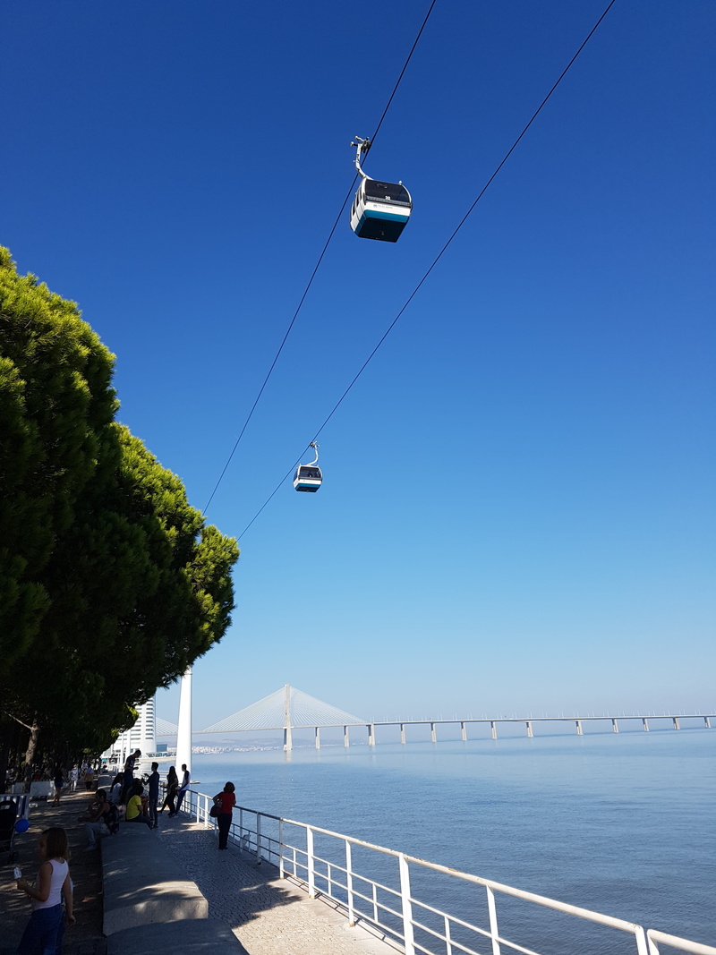 sky, group of people, mode of transportation, cable car, water, outdoors, events, sea, 4K, architecture, blue, fiera lisbon, lifestyles, beauty in nature
