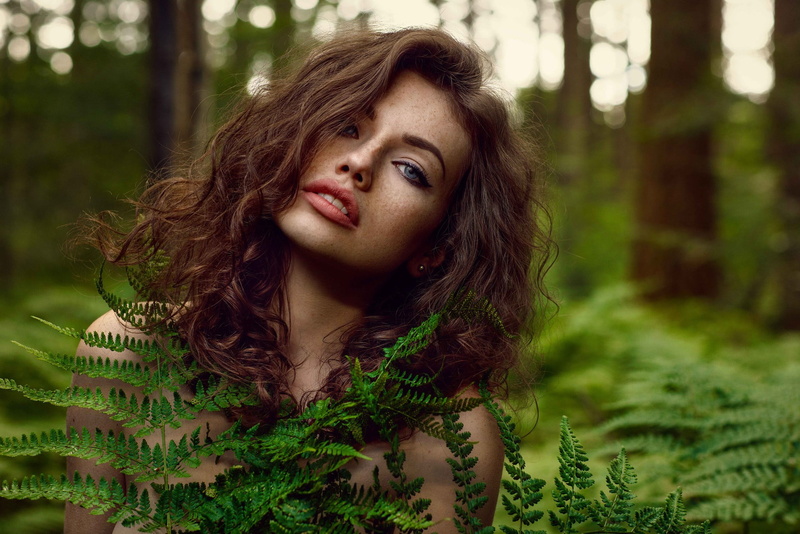 headshot, forest, long hair, young adult, one person, women, bare shoulders, face, nature, front view, beautiful woman, brown hair, young women, eyeliner
