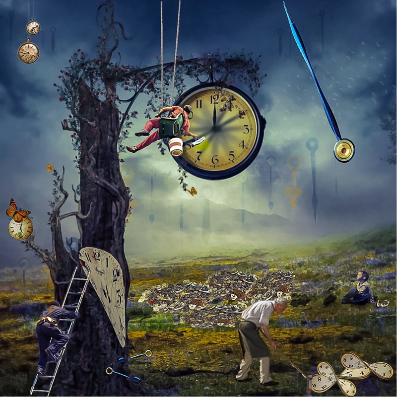hanging, motion, cogwheel, metaphor, Composition, performance, Design, man, stunt, flying, 1080P, golf, cloud - sky, clock, illustration, white, Time
