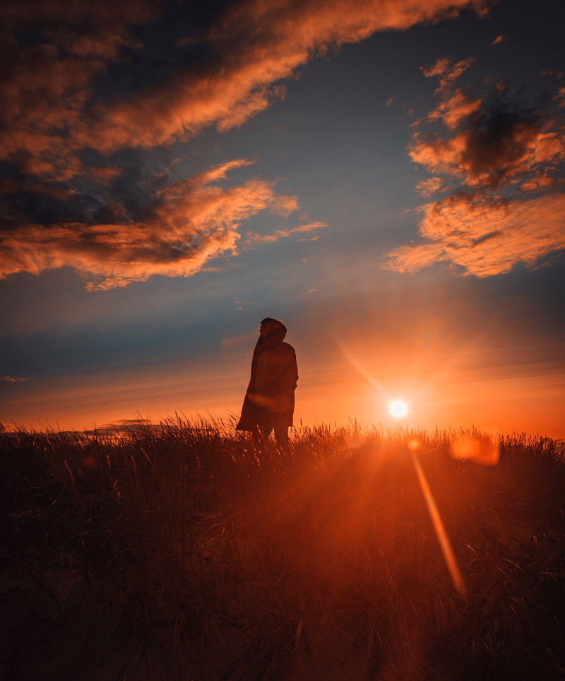 alone, adult, tranquil scene, one person, sunset, scenics - nature, sky, lifestyles, grass, land, nature, man, field, cloud - sky, idyllic, leisure activity