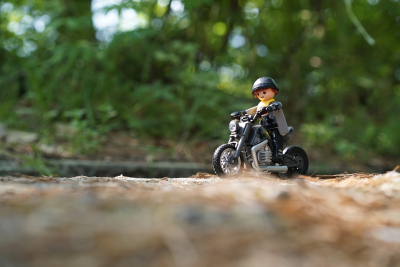 ride, day, mode of transportation, full length, trail, lego, adventure, minifig, selective, motorcycle, photography, plant, crash helmet, riding, playmobil