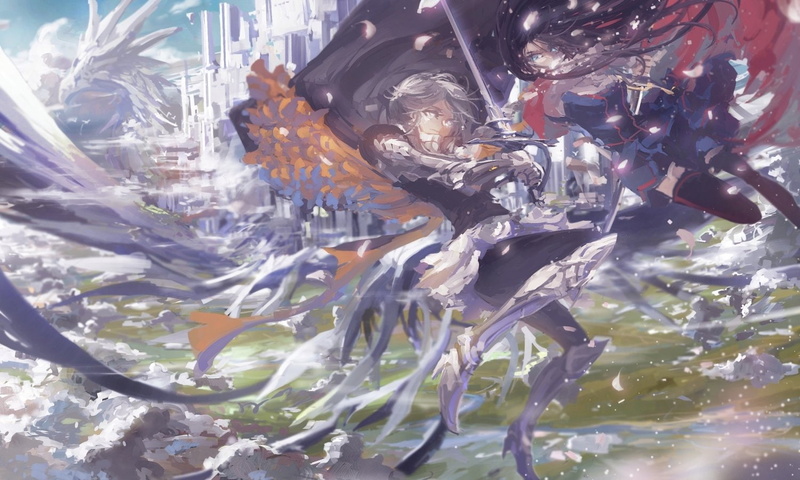 girls, black, hair, dts, sword, thighhighs, petals, gray, stu, eyes, pixiv, weapon, cape, fantasia, armor, long, building, short, 720P, blue
