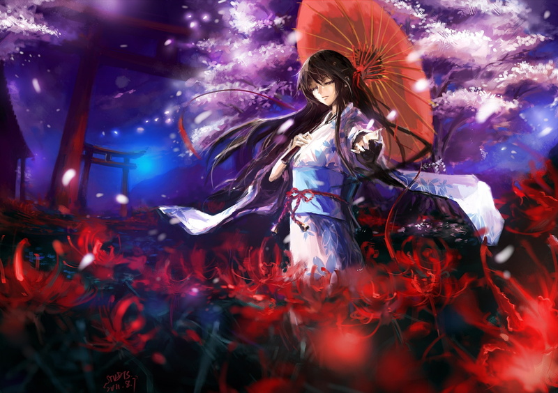 original, brown, hair, stu, long, petals, flowers, kimono, cherry, signed, clothes, dts, 1080P, umbrella, japanese, blossoms