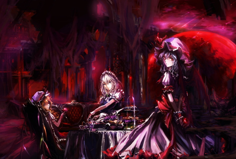 vampire, izayoi, hat, blonde, dts, flandre, white, fruit, eyes, sakuya, apple, touhou, 720P, hair, blue, red, maid, girls, stu, wings, scarlet, food, gray
