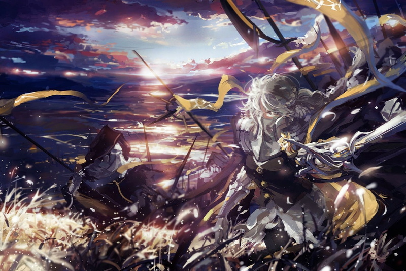 eyes, dts, sword, braids, weapon, 720P, grass, stu, fantasia, pixiv, armor, hair, gray, long, clouds