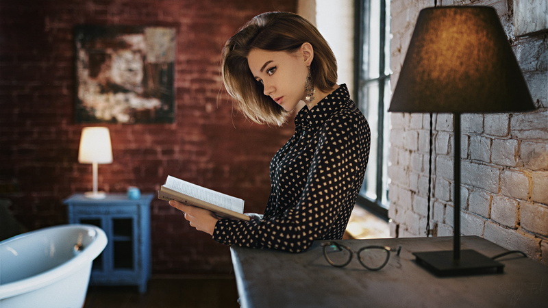 Nastya Gorbachyova, indoors, shirt, dotted, 1080P, sleeved, profile, long, white, brown hair, books, lamp, hairstyle, lifestyles, looking, wireless technology