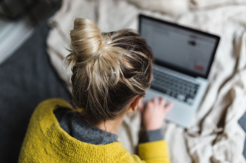 caucasian, woman, comfy, technology, hairstyle, indoors, ombre hair, sofa, typing, headshot, young, people, 5K, focus on foreground, communication, lifestyles