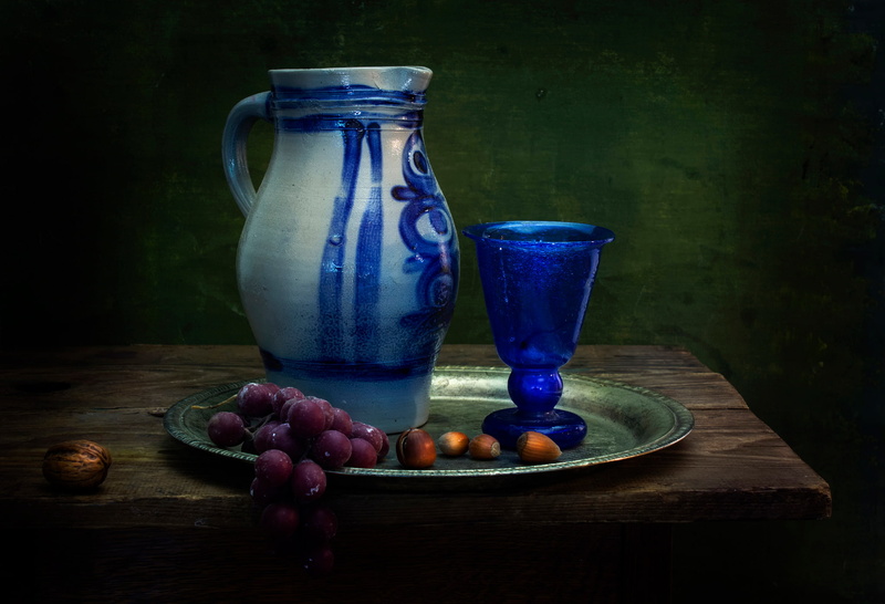glass, grapes, A Dutch influence, pitcher, 1080P, still life, nuts
